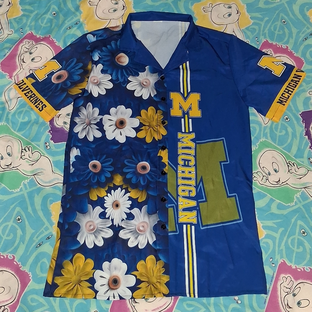 Michigan Wolverines All Over Print Hawiian Button Up Shirt Vintage Floral